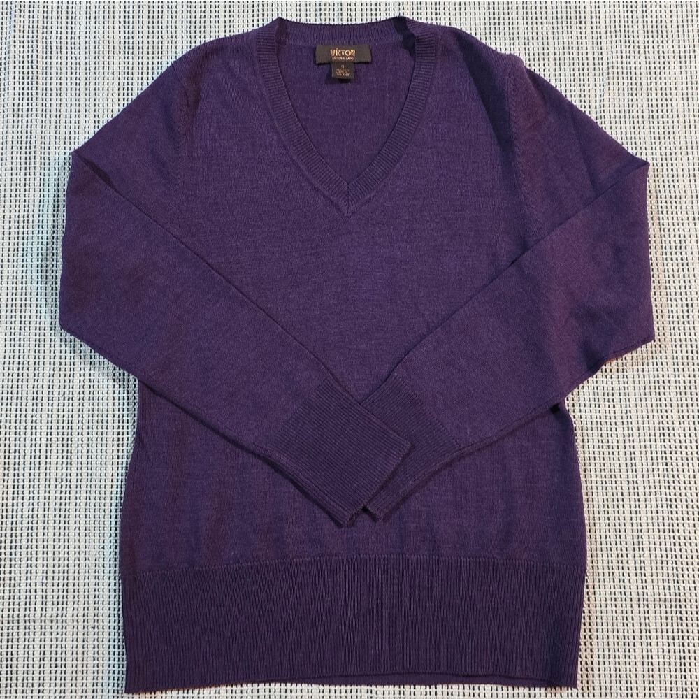 Victor Alfaro Purple V neck 100% Wool Thin Sweater Preppy Business Casual Sz S